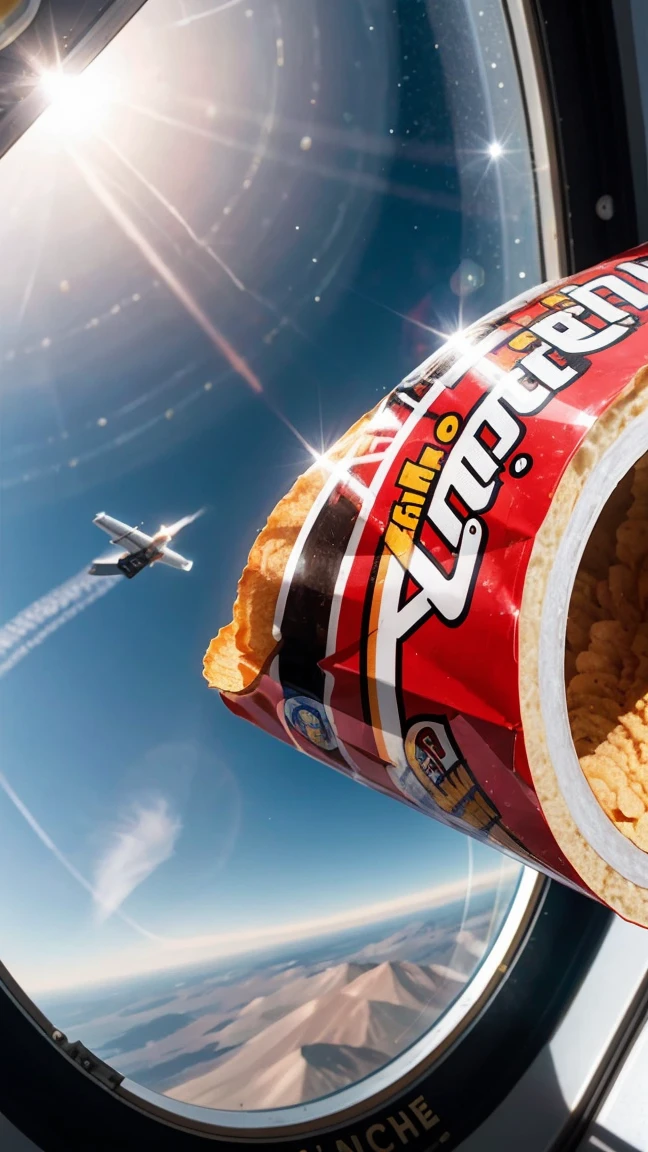 Create an image of an astronaut floating inside a spaceship, enjoying a can of Pringles. Show the Pringles can with its iconic logo, and depict a few Pringles crisps floating nearby, emphasizing their perfect shape for zero gravity. The background should include a view of Earth through a spaceship window to highlight the space setting.