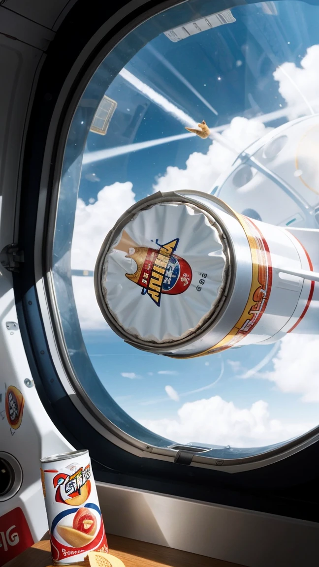 Create an image of an astronaut floating inside a spaceship, enjoying a can of Pringles. Show the Pringles can with its iconic logo, and depict a few Pringles crisps floating nearby, emphasizing their perfect shape for zero gravity. The background should include a view of Earth through a spaceship window to highlight the space setting.