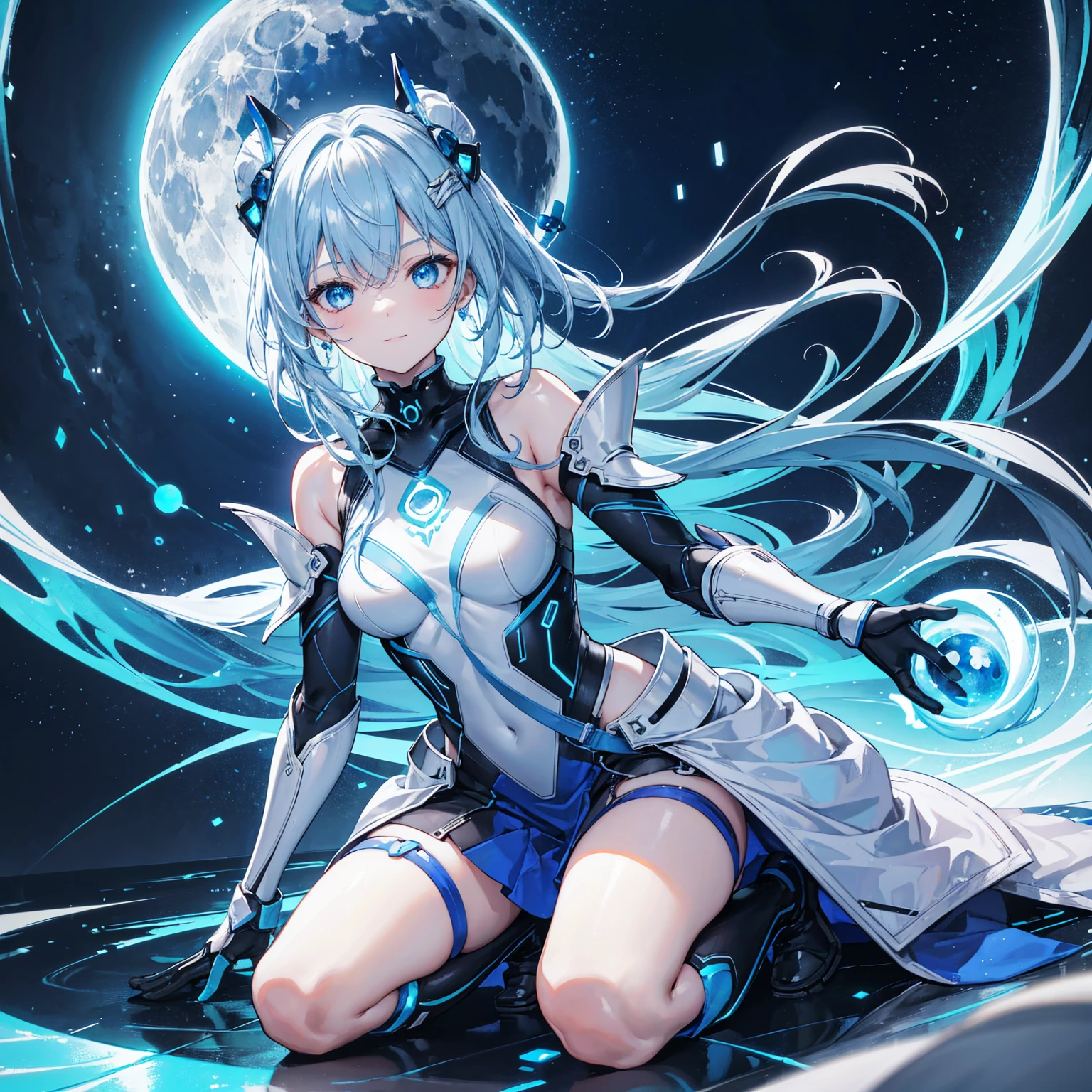 8K, Highest quality, (real:1.4), Original photo, 1 girl, Asari Hair, Biological Amplifier, Very sleek and futuristic armor, posture: Peace talks between warring factions,,attention arousal, smart blue eyes,A modest smile,Knee-high boots,Blue big moon and blue light swirl in the background,Blue light from behind,blue light magic,A small, glowing blue ball in the palm of your hand,Blue flame swirl