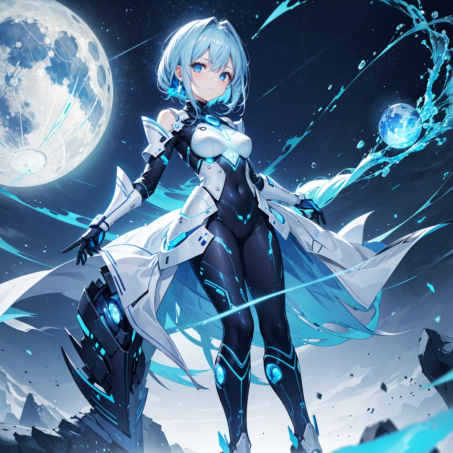 8K, Highest quality, (real:1.4), Original photo, 1 girl, Asari Hair, Biological Amplifier, Very sleek and futuristic armor, posture: Peace talks between warring factions,,attention arousal, smart blue eyes,A modest smile,Knee-high boots,Blue big moon and blue light swirl in the background,Blue light from behind,blue light magic,A small, glowing blue ball in the palm of your hand,Blue flame swirl