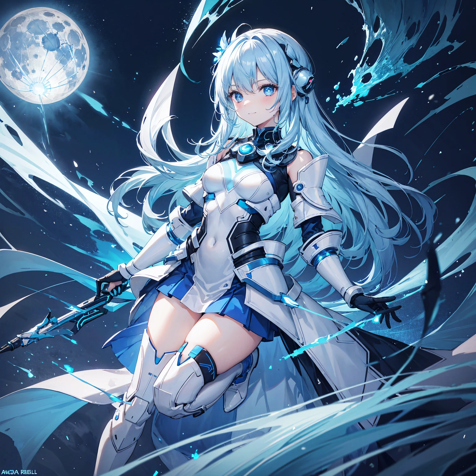 8K, Highest quality, (real:1.4), Original photo, 1 girl, Asari Hair, Biological Amplifier, Very sleek and futuristic armor, posture: Peace talks between warring factions,,attention arousal, smart blue eyes,A modest smile,Knee-high boots,Blue big moon and blue light swirl in the background,Blue light from behind,blue light magic,A small, glowing blue ball in the palm of your hand,Blue flame swirl