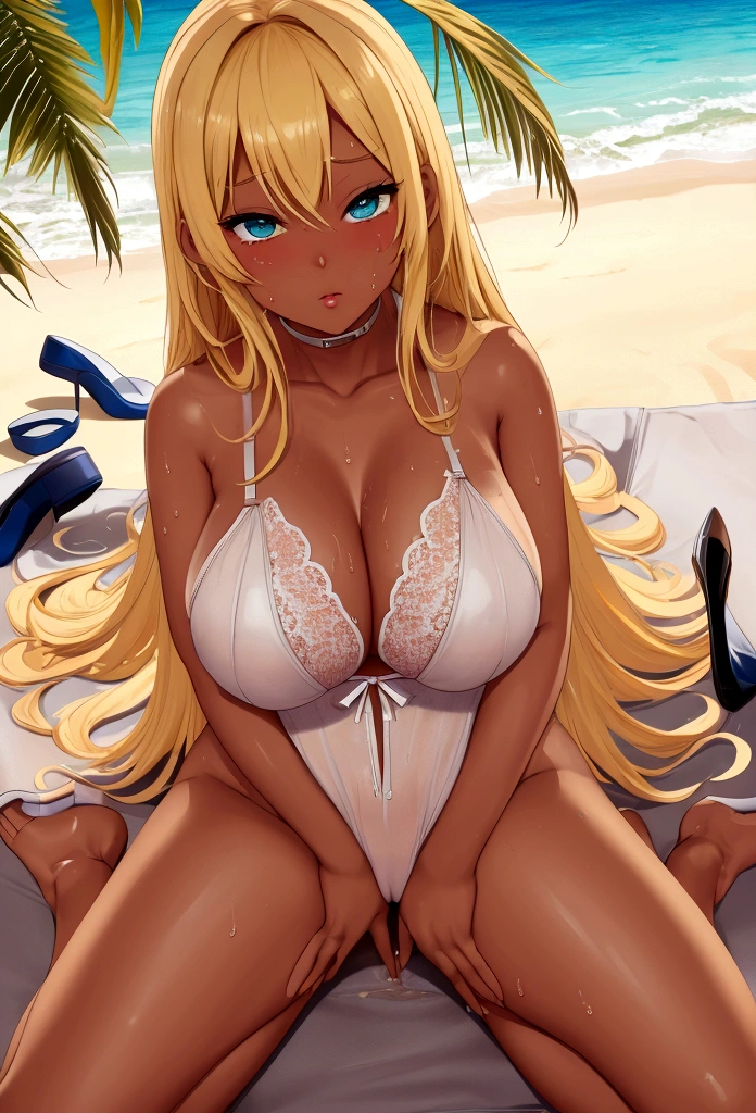 girl、More than one person（tall、Huge breasts、Glare、Extreme sadism、Gal、Blonde、long、Free hairstyle）Sexy Lingerie、Golden lingerie、Sexy outfit、In town、summer、Sunburned skin、Dark skin color、Posing、I'm rubbing my、Sitting with legs apart、High heels、swapping、Sweat、Pussy juice、Flirting、kiss、Bright lighting、Ocean、Beach、Dildo、Masturbation、