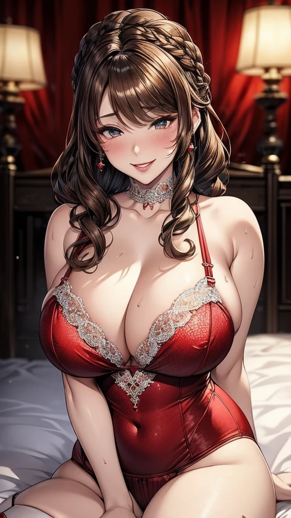 masterpiece,stunning reality,Realistic,Clarity,Sexy,full,beauty,Married woman,Huge breasts,cleavage,prostitute,Dim Lights,Red bed,Red sheer lace,Red sheer lace,Lipstick,Smile,earrings,Short brown hair,curls,Green eyes,Areola,Sweat,side braid
