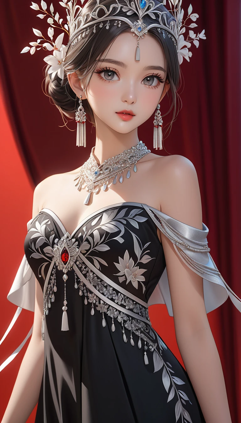 (masterpiece，high quality，8K).beautiful girl，Ethnic evening dress：1.5.Skin details，Bright Eyes，Thick eyelashes，Unique，Staring at the audience），（Black long skirt，Long legs，seedling：1.5，Silver jewelry：1.2，Silver crown：1.5，silver tassel：1.37，）。Clean and simple red background