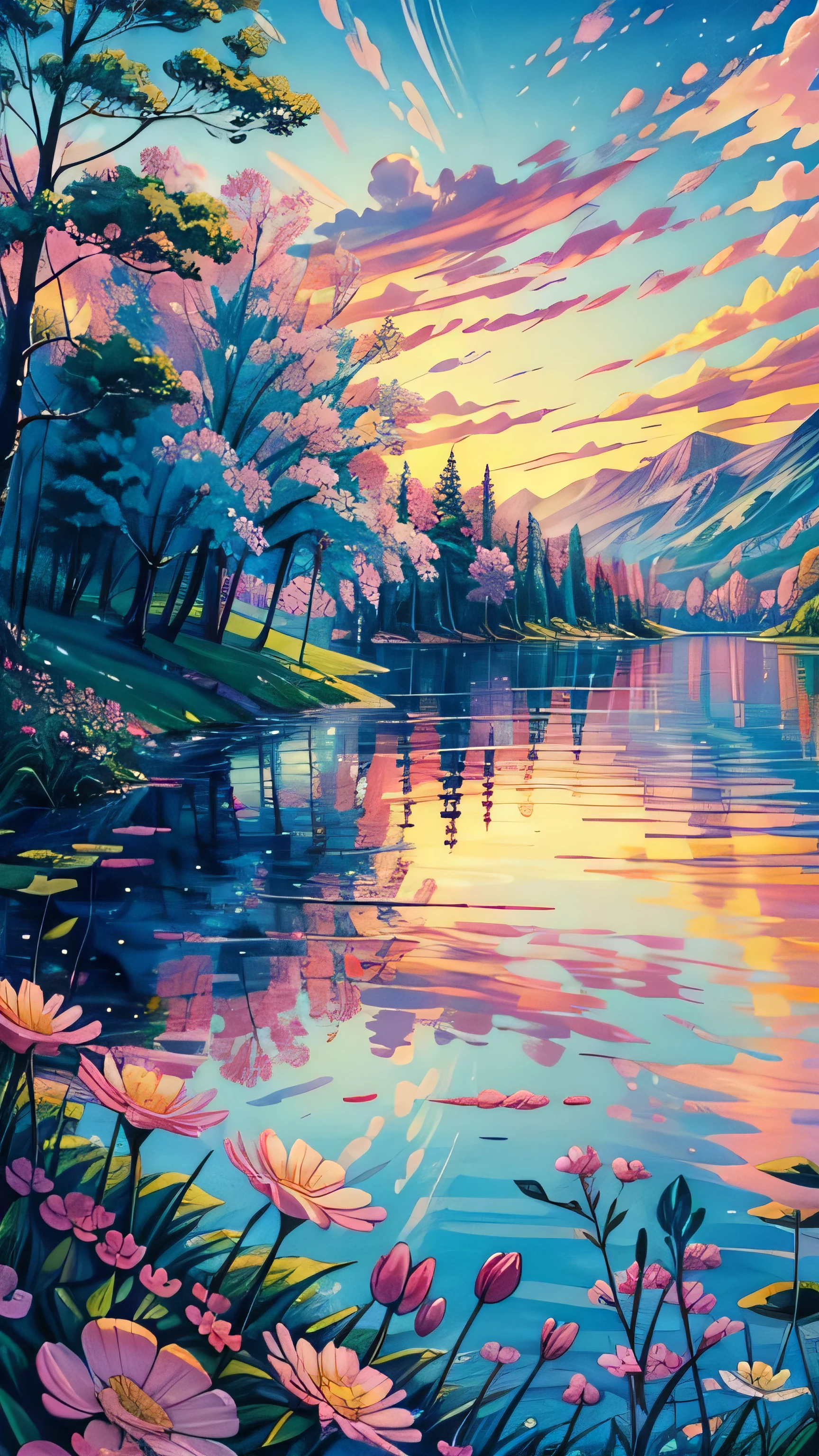 a painting of a lake with pink flowers in the foreground, pink tree beside a large lake, landscape, colorful painting, vibrant painting, colorful landscape painting, floral sunset, vibrant gouache painting scenery, a gouache painting, colorful painted in bright colors, painting, vibrant