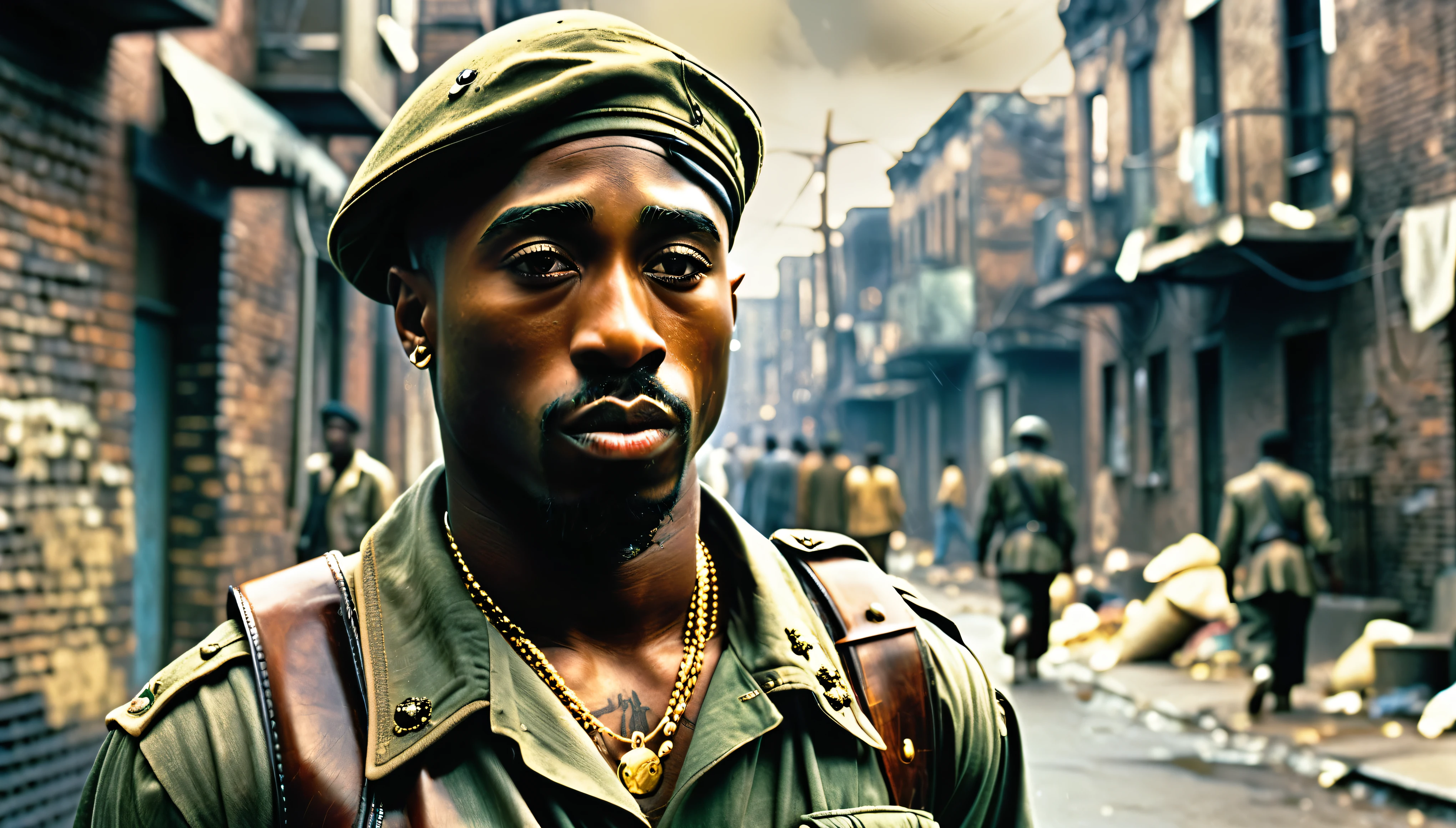 1970s photo of "2Pac" dressed like a soldier in the ghetto, atmospheric perspective, textured skin, cinematic action, super detail,