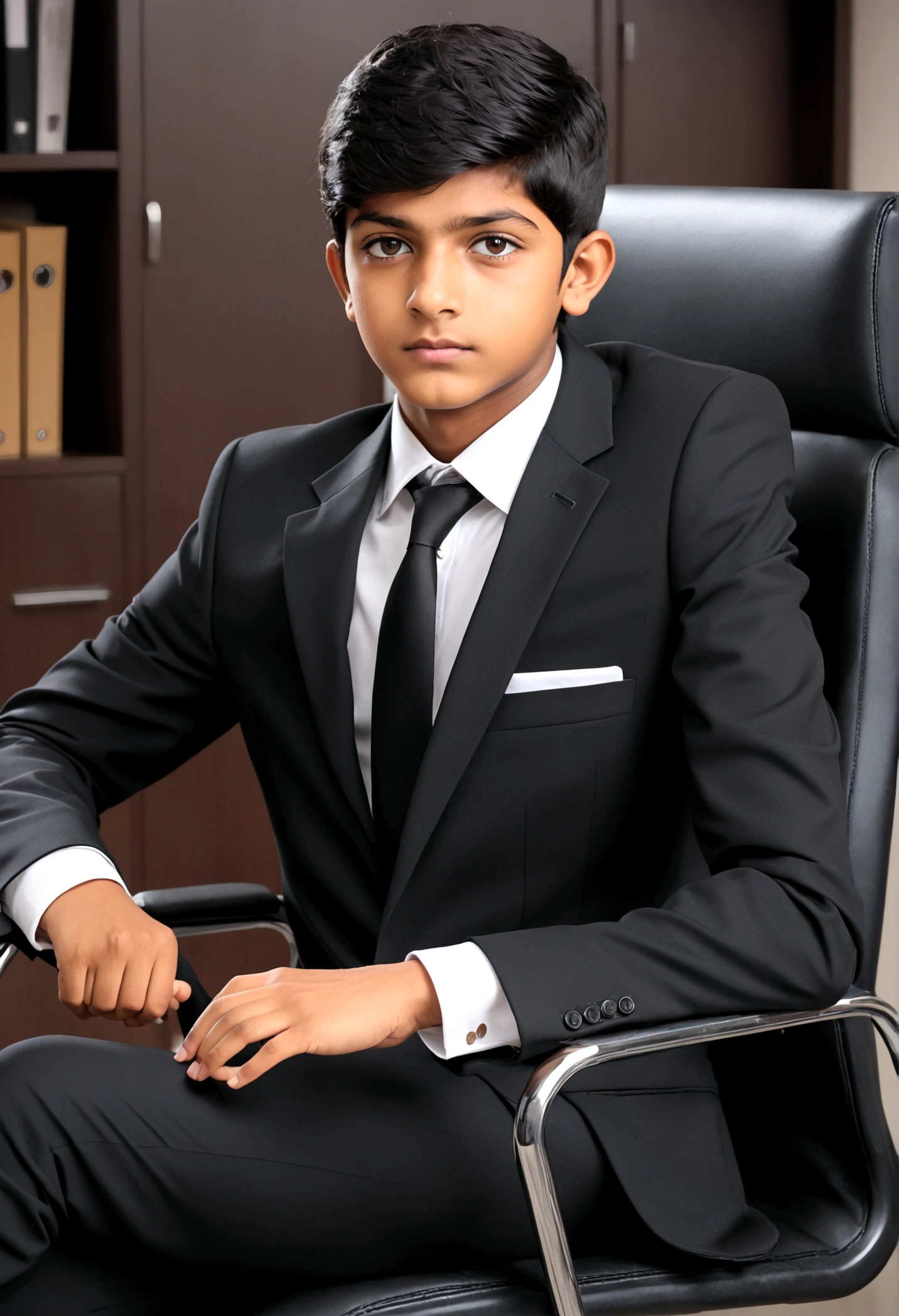 a  Indian bihari boy, honey skin, short black hair, wearing black suit & pant, sitting on black office chair, image fill, best quality, 1080P, HD, 16k, super detail