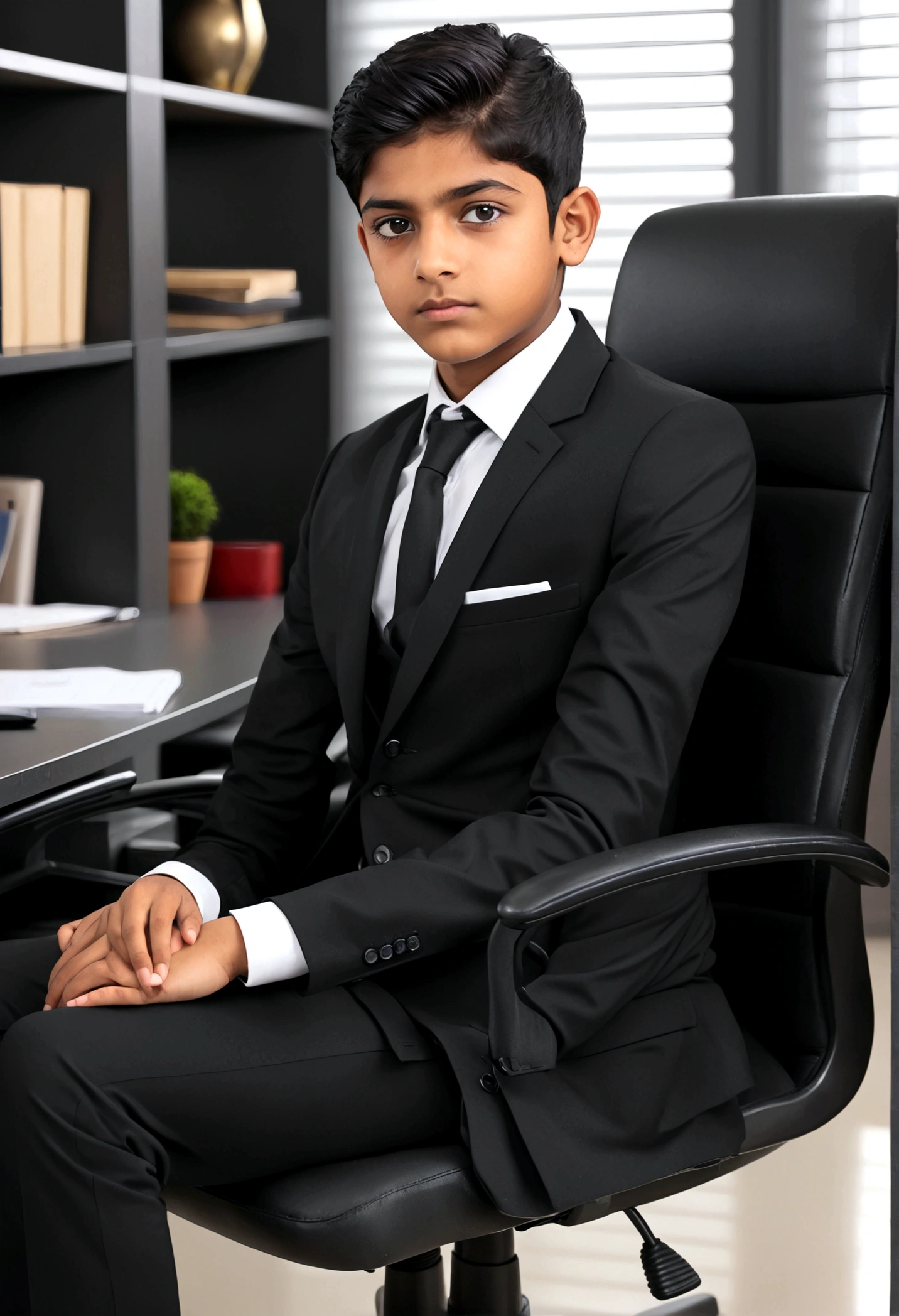 a Indian bihari boy, honey skin, short black hair, wearing black suit & pant, sitting on black office chair, image fill, best quality, 1080P, HD, 16k, super detail