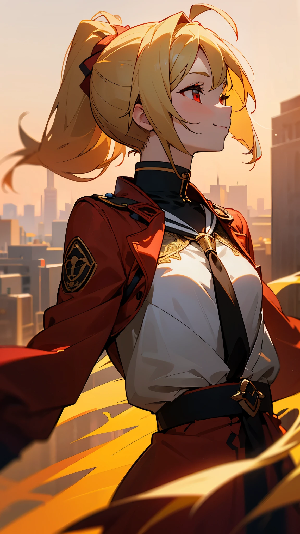 1 Girl、8K、Sharp focus、(Bokeh) (Highest quality) (Detailed skin:1.3) (Intricate details) (anime)、Genki Girl、Small breasts、Red Riders Jacket、blonde、Beautiful red eyes、ponytail、Ahoge、gloves、Bright smile、terrace、Blowing in the wind、Golden Hour Sky、profile、Upper body close-up