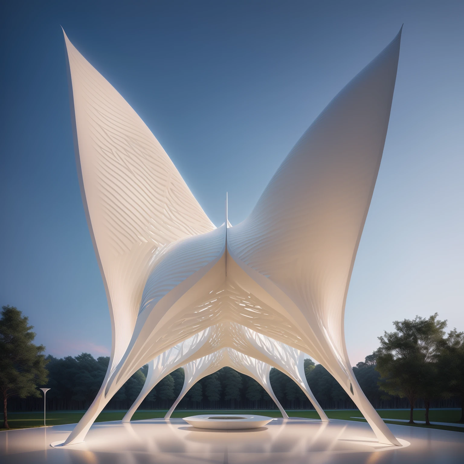 Arav structure with white roof and white floor, inspired by Zha Shibiao, tent architecture, Web portals. Zaha Hadid, by Zha Shibiao, High-quality architectural art, Calatrava, santiago Calatrava, in style of Zaha Hadid architect, Zaha Hadid style architecture, Futuristic Church, Zaha Hadid architecture, ribbon chapel, pavilion