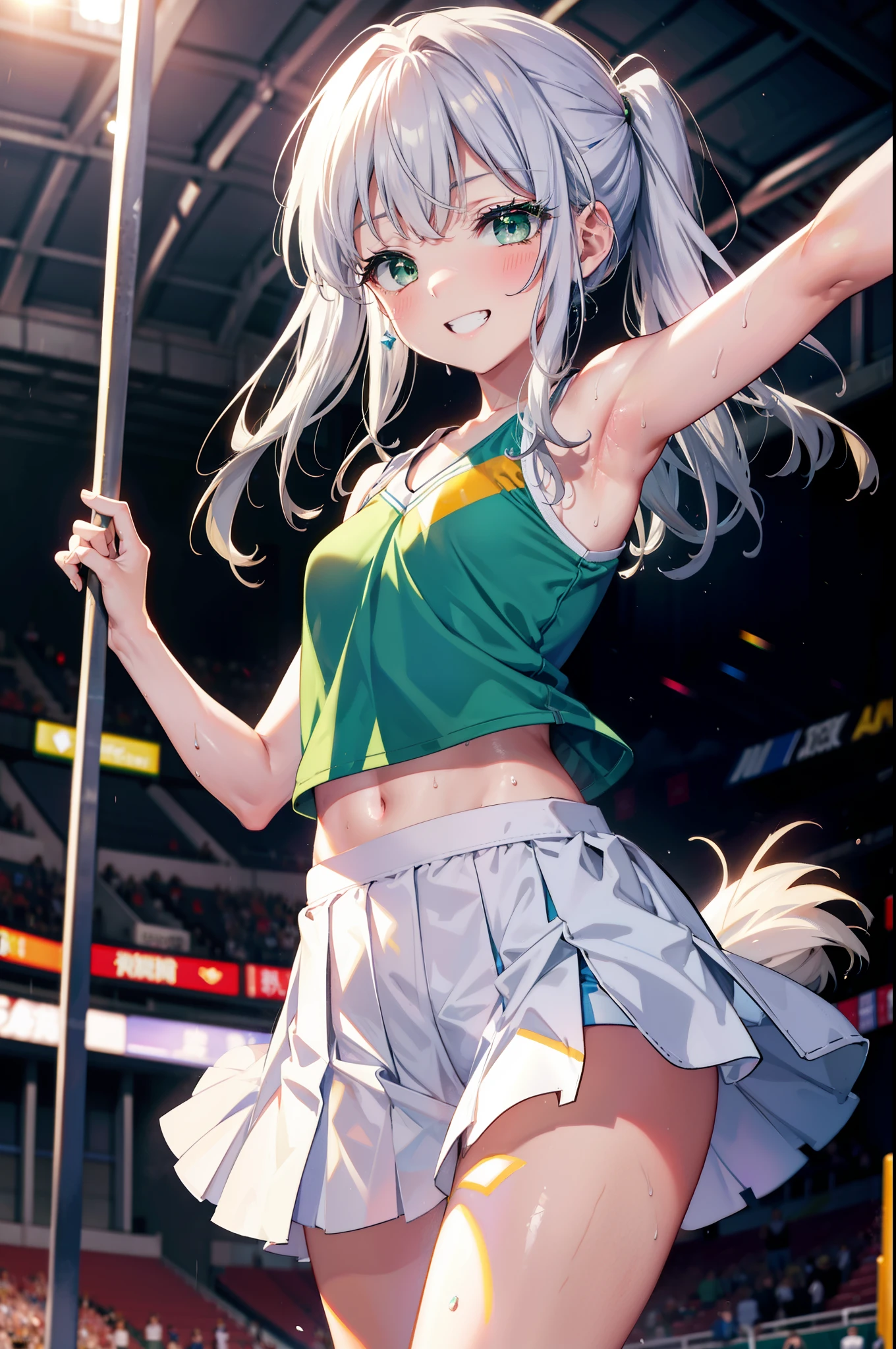 index, index,Silver Hair, (Green Eyes:1.5),Long Hair, (Flat Chest:1.2),Grin,tooth,Daytime,sunny,
,(cheer leading), (whole body), Lower, (Sweaty), Sweaty Wet Clothes, (White clothes),Sleeveless, Pleated skirt,Black socks,sneakers, Belly button support, playground, (Jump), (Jump), 足を曲げてJumpする, air, blue sky, Grass原, smile,Cheerleader, Pom-pom \(cheer leading\)have, Grass, smile, whole bodyがイラストに入るように,
break looking at viewer, whole body,(Cowboy Shot:1. 5) ,
break outdoors, Stadium,crowd, people々々々,A packed audience,
break (masterpiece:1.2), Highest quality, High resolution, unity 8k wallpaper, (shape:0.8), (Beautiful and beautiful eyes:1.6), Highly detailed face, Perfect lighting, Extremely detailed CG, (Perfect hands, Perfect Anatomy),