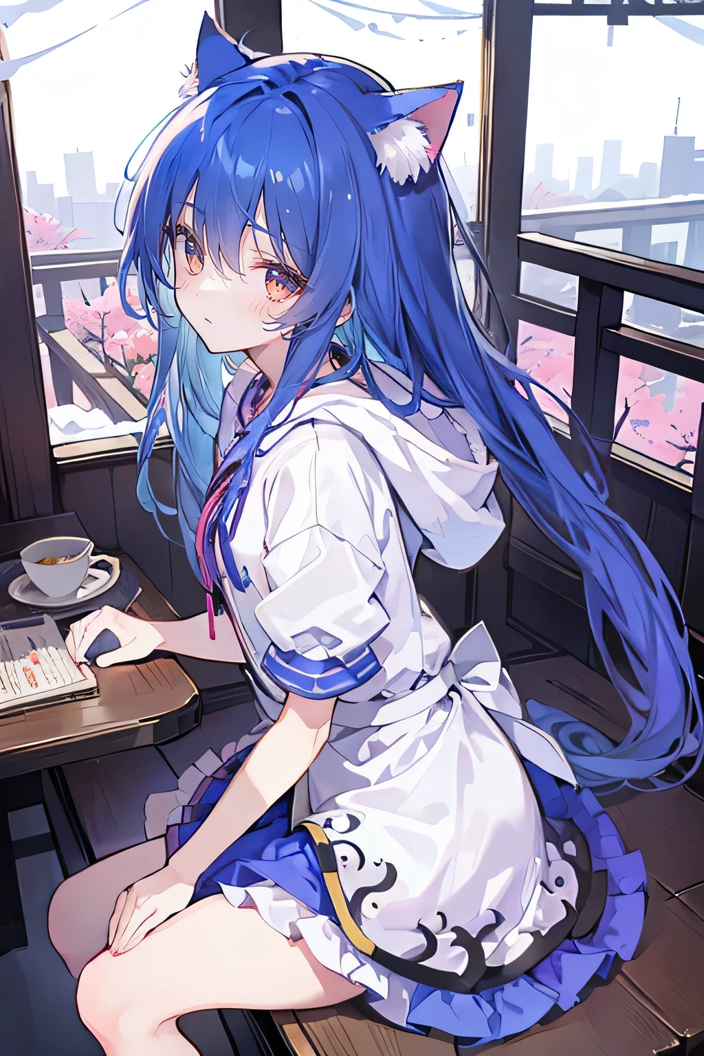（masterpiece：1.2），Super detailed，lifelike，Expressive eyes，fair skin，perfect face shape，1 girl，
Japanese comics,Gorgeous blue hair,flowing blue hair,flowing clothes,Cat ears,Petals fall,beautiful lola,Baby Angel,
Cross your legs，Gentle and peaceful background，The pavilion is cool and comfortable,smile, wearing hoodie, background of tokyo,back views,snowing, winter.