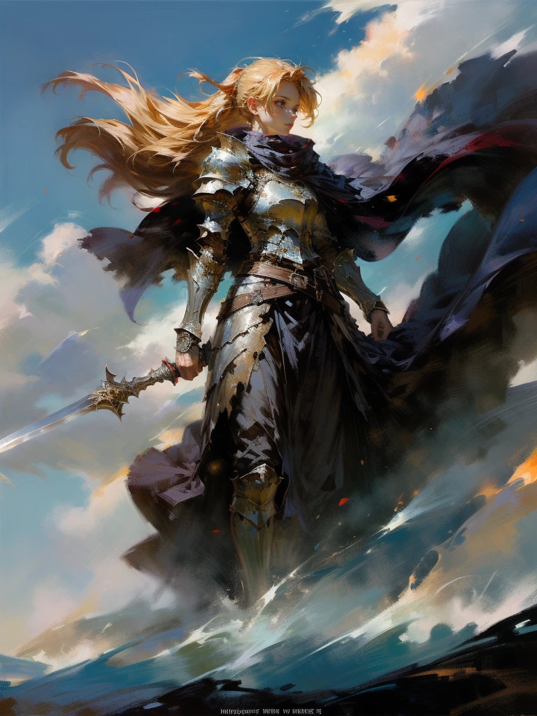 masterpiece, best quality, rpg character art, epic fantasy art style, 1 woman, Emily, 18 year old woman, serious and mature demeanor, focused in battle, rushing to a battle, using her wind based powers, super powers, wrapped in wind, full body fantasy concept art, blond hair in a ponytail comes down to her mid-back, crystal blue eyes, high detail, fantasy medieval style clothes (very light armor, sword at her waist), attire is modest but feminine, intricate details, ultra high resolution, sharp focus, HD, 8k, clear facial features, clear details, background is a medieval fantasy village, moving towards viewer