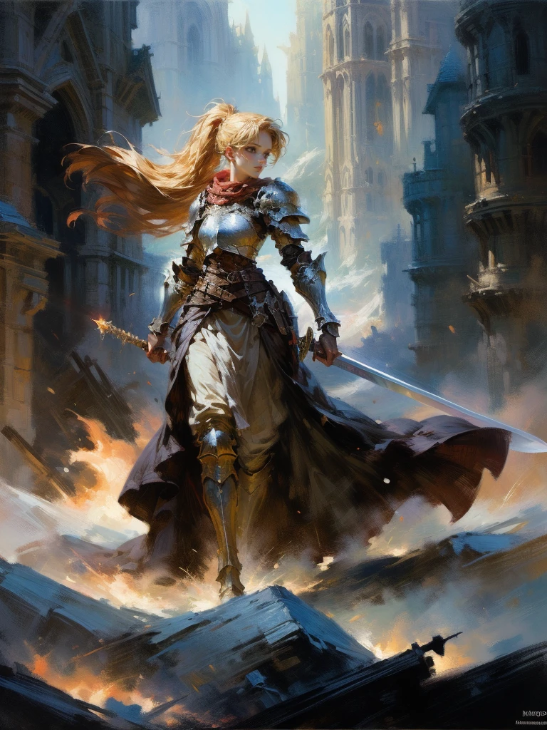 masterpiece, best quality, rpg character art, epic fantasy art style, 1 woman, Emily, 18 year old woman, serious and mature demeanor, focused in battle, rushing to a battle, using her wind based powers, super powers, wrapped in wind, full body fantasy concept art, blond hair in a ponytail comes down to her mid-back, crystal blue eyes, high detail, fantasy medieval style clothes (very light armor, sword at her waist), attire is modest but feminine, intricate details, ultra high resolution, sharp focus, HD, 8k, clear facial features, clear details, background is a medieval fantasy village, moving towards viewer