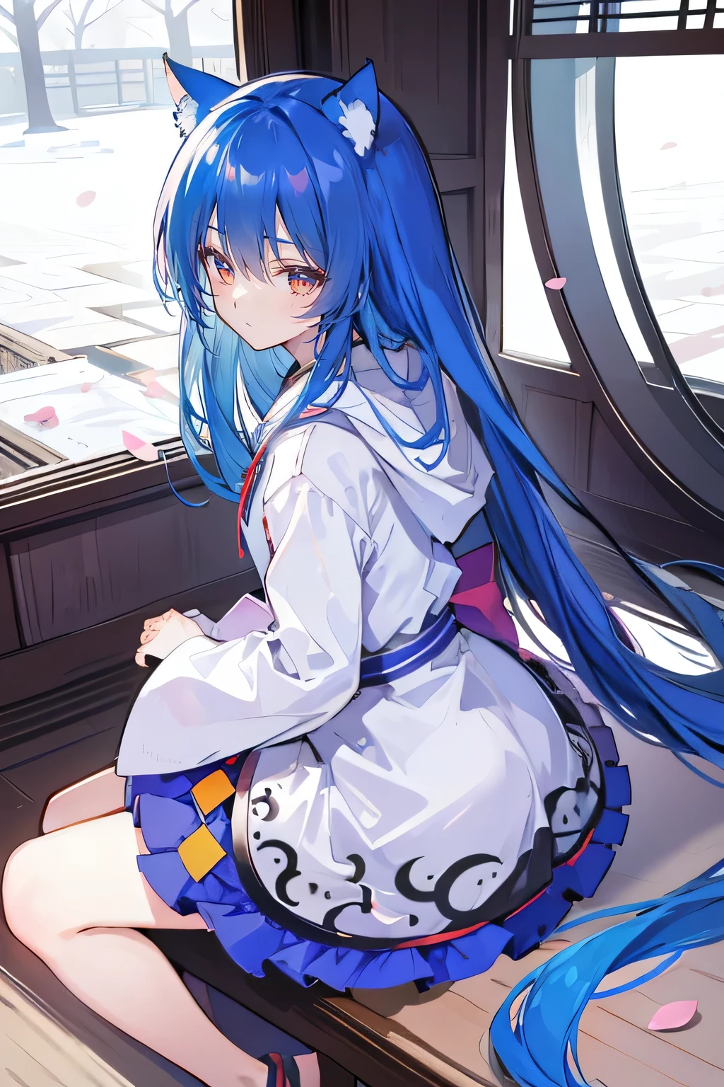 （masterpiece：1.2），Super detailed，lifelike，Expressive eyes，fair skin，perfect face shape，1 girl，
Japanese comics,Gorgeous blue hair,flowing blue hair,flowing clothes,Cat ears,Petals fall,beautiful lola,Baby Angel,
Cross your legs，Gentle and peaceful background，The pavilion is cool and comfortable,smile, wearing hoodie, background of tokyo,back views,snowing, winter.