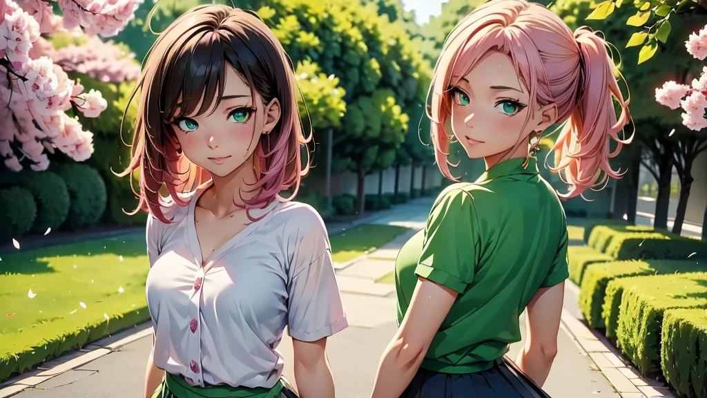 Anime girl with pink hair and green eyes posing for a photo, Haruno sakura, Best anime 4k konachan wallpaper, Enchanting anime girl, I also make fan art, sakura petals around her, Splash Art Anime Loli, Anime Style 4k, Anime Moe Art Style, High quality anime art style, Detailed anime artwork, Anime Wallpaper, Anime Best Girl