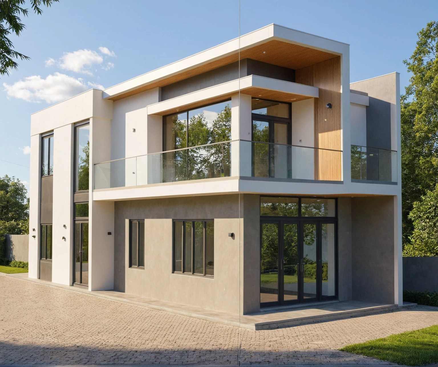 Photo brute,head of'artwork, High quality, best quality, authentique, great detail,
Outside, En plein air, style de maison moderne dans la rue, glass windows, grille, wooden ceiling,
road,pavement, trees, sky, nuvens, (day light:1.1)