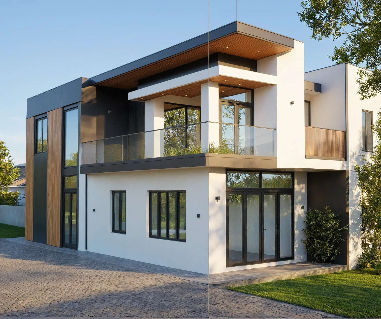 Photo brute,head of'artwork, High quality, best quality, authentique, great detail,
Outside, En plein air, style de maison moderne dans la rue, glass windows, grille, wooden ceiling,
road,pavement, trees, sky, nuvens, (day light:1.1)