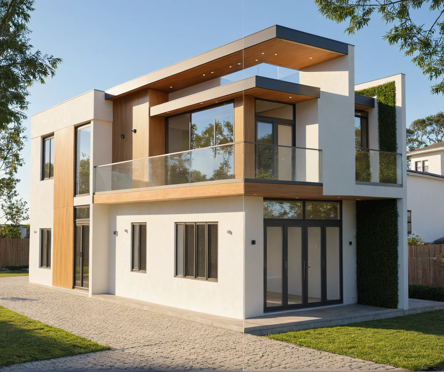 Photo brute,head of&#39;artwork, High quality, best quality, authentique, great detail,
Outside, En plein air, style de maison moderne dans la rue, glass windows, grille, wooden ceiling,
road,pavement, trees, sky, nuvens, (day light:1.1)