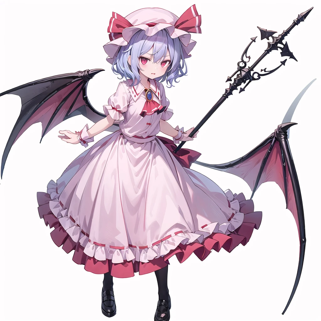 (((one women))),(((remilia scarlet))),(touhou), red eyes, short hair, purple hair, light purple hair, blue hair, slit pupils, fang, bat wings, white headwear, pink headwear, mob cap, white shirt, pink shirt, collared shirt, frilled shirt collar, red ascot, puffy short sleeves, frilled sleeves, wrist cuffs, white skirt, pink skirt, skirt set, frilled skirt, red ribbon, hat ribbon, waist bow, red bow, brooch, holding,(((full body))),(((model posing))),(((white background))),(((Angle from below)))