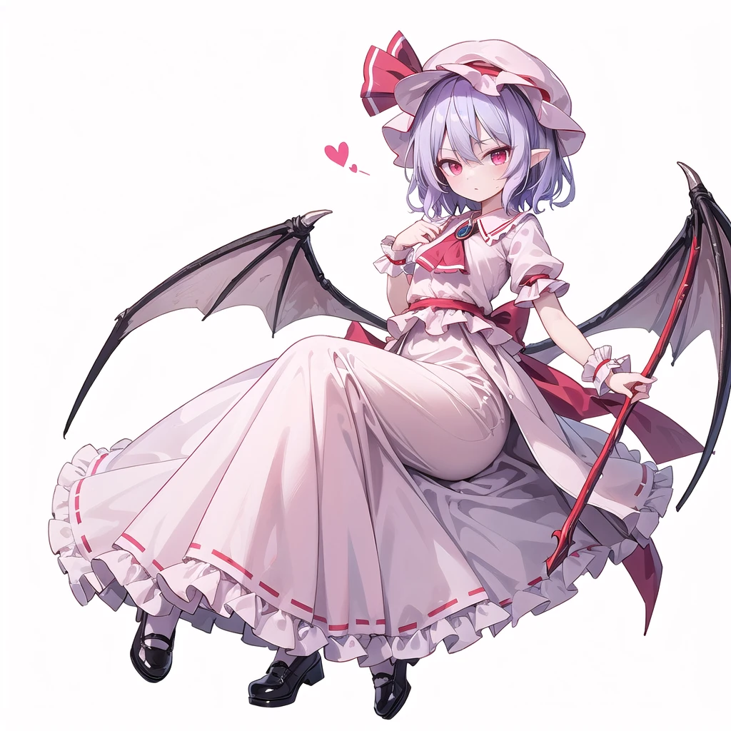 (((one women))),(((remilia scarlet))),(touhou), red eyes, short hair, purple hair, light purple hair, blue hair, slit pupils, fang, bat wings, white headwear, pink headwear, mob cap, white shirt, pink shirt, collared shirt, frilled shirt collar, red ascot, puffy short sleeves, frilled sleeves, wrist cuffs, white skirt, pink skirt, skirt set, frilled skirt, red ribbon, hat ribbon, waist bow, red bow, spear the gungnir, brooch, holding,(((full body))),(((model posing))),(((white background))),(((Diagonal angle)))