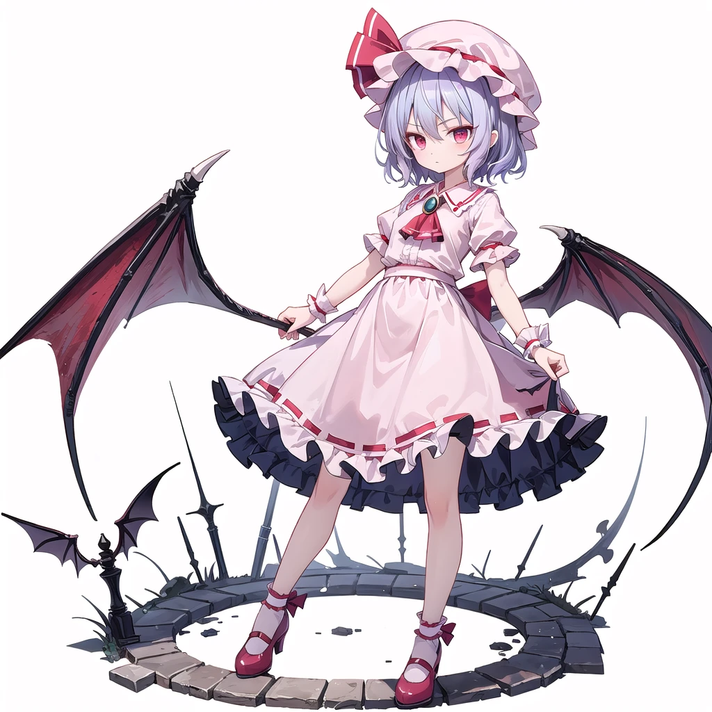 (((one women))),(((remilia scarlet))),(touhou), red eyes, short hair, purple hair, light purple hair, blue hair, slit pupils, fang, bat wings, white headwear, pink headwear, mob cap, white shirt, pink shirt, collared shirt, frilled shirt collar, red ascot, puffy short sleeves, frilled sleeves, wrist cuffs, white skirt, pink skirt, skirt set, frilled skirt, red ribbon, hat ribbon, waist bow, red bow, spear the gungnir, brooch, holding,(((full body))),(((model posing))),(((white background))),(((Diagonal angle)))
