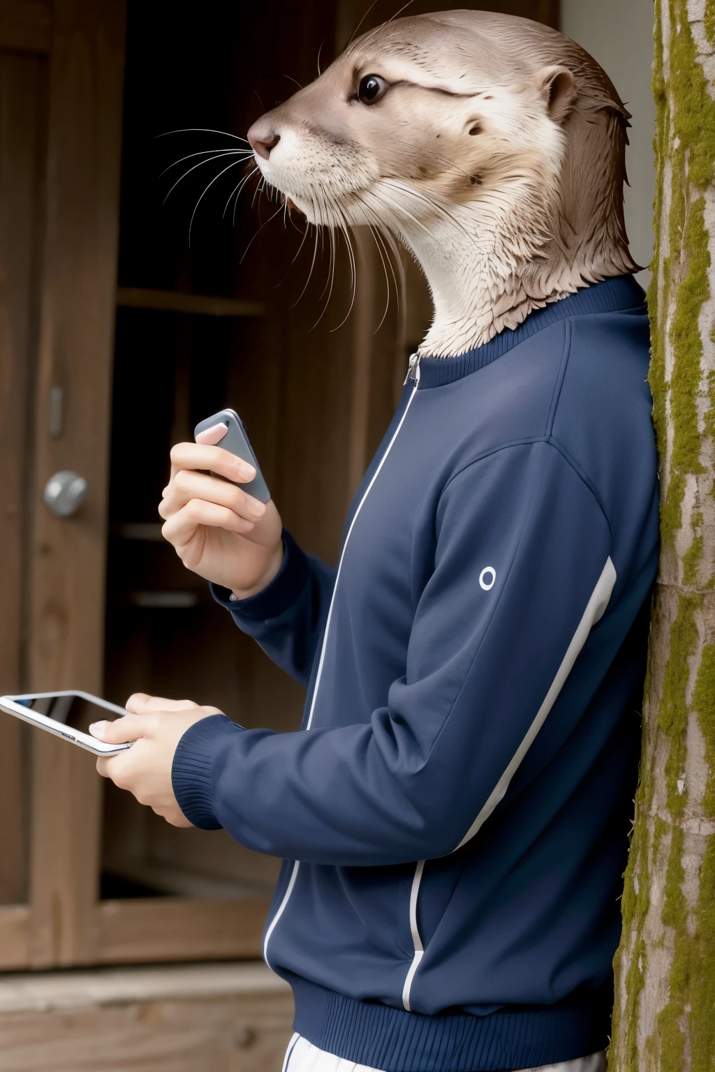Otter using a phone working in technical clothing
