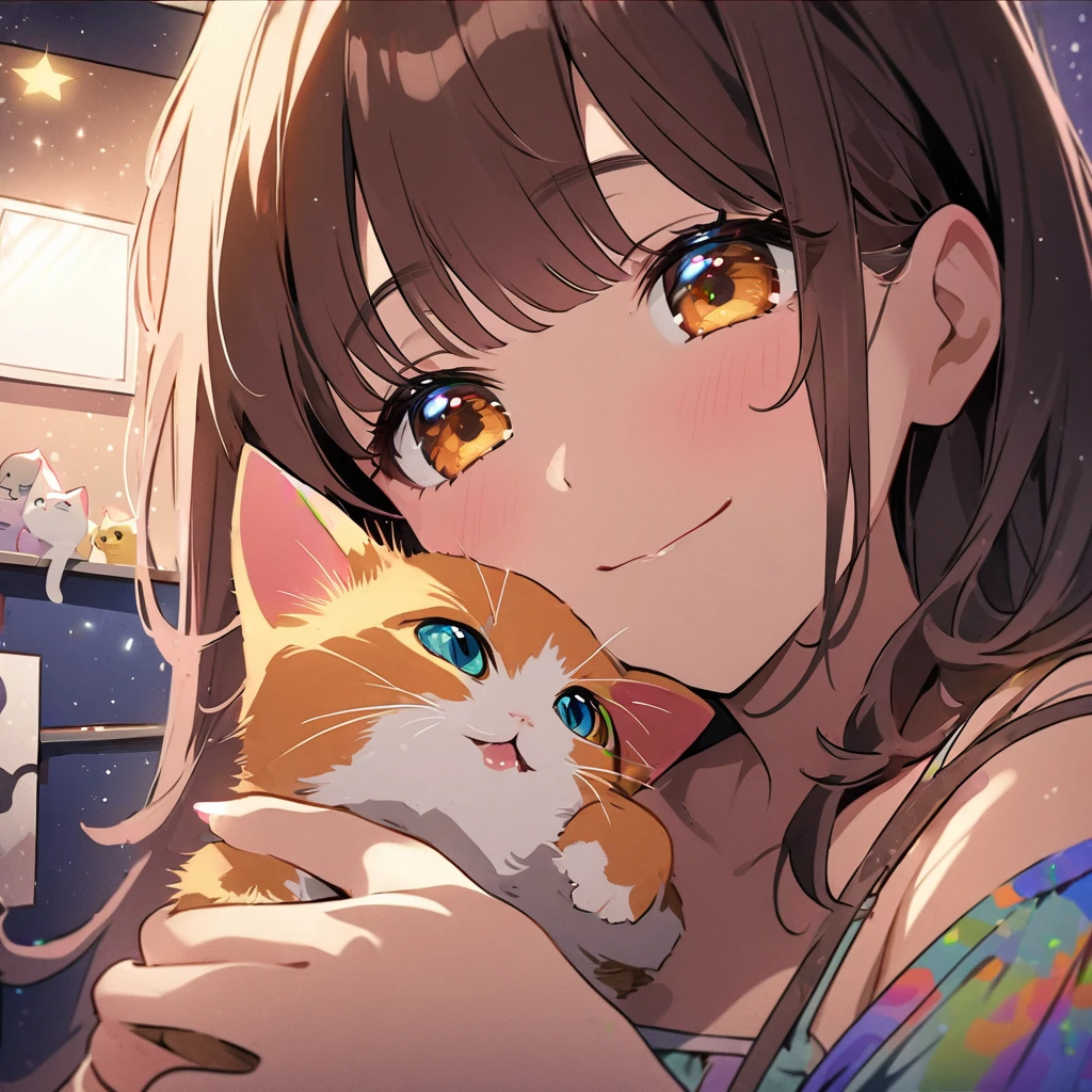 masterpiece、Highest quality、Depth of subject、2D illustration、1 beautiful girl、独奏, (((chibi style)))、cute chibi, lovely chibi, ((night)), ((window)), ((starry sky)), Long, beautiful hair、shiny brown hair、cute、Beautifully detailed eyeini skirt))、((colorful))、Camisole dress、((happy smile))、sitting on bed, ((close up shot))、((Holding a kitten)), ((in the room))、((There's a lot of pink around))、((closed eyes))、Thighs、((vivid color))、sparkle、((Lens flare))、
