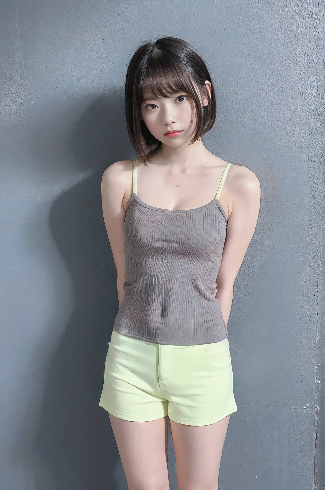 Picture taken from the front, with the left and right sides equally spaced, draw symmetrically, simple background, equally spaced left and right, stand upright, cowboy shot, (arms behind back:1.5), One girl, very short hair, (camisole, shorts)