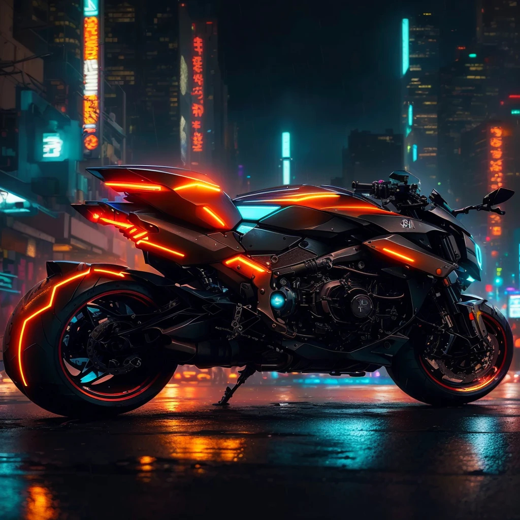 arafed motocicleta parked in the rain in a city at night, sentado na moto cyberpunk, suzuki futurista, orange and cyan lighting, cyberpunk lighting, motocicleta, estilo de arte cyberpunk, brilho cyberpunk brilhante, futuristic motocicleta, Neon cyber lighting, cyberpunk 8k, cyber neon lights, estilo cyberpunk hiper-realista, cyberpunk with neon lighting, Estilo cyberpunk neon