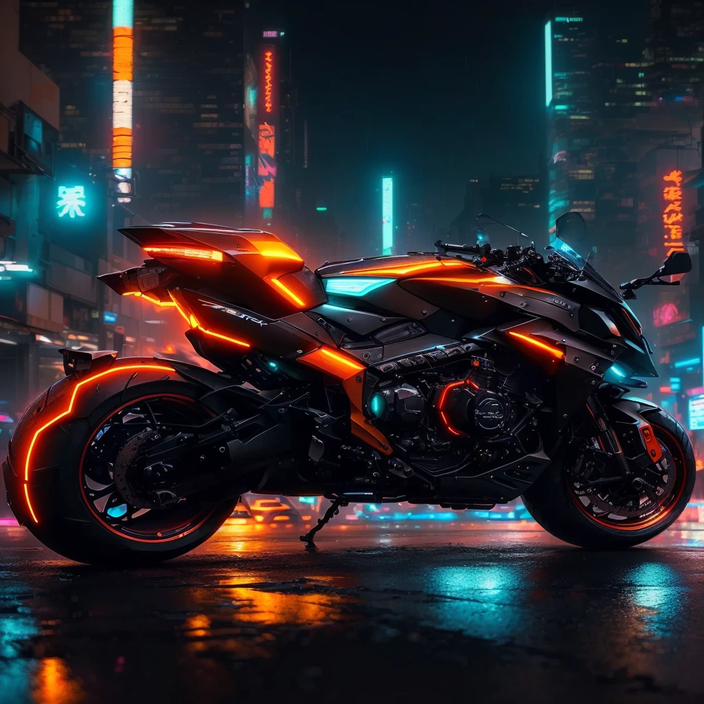 arafed motocicleta parked in the rain in a city at night, sentado na moto cyberpunk, suzuki futurista, orange and cyan lighting, cyberpunk lighting, motocicleta, estilo de arte cyberpunk, brilho cyberpunk brilhante, futuristic motocicleta, Neon cyber lighting, cyberpunk 8k, cyber neon lights, estilo cyberpunk hiper-realista, cyberpunk with neon lighting, Estilo cyberpunk neon