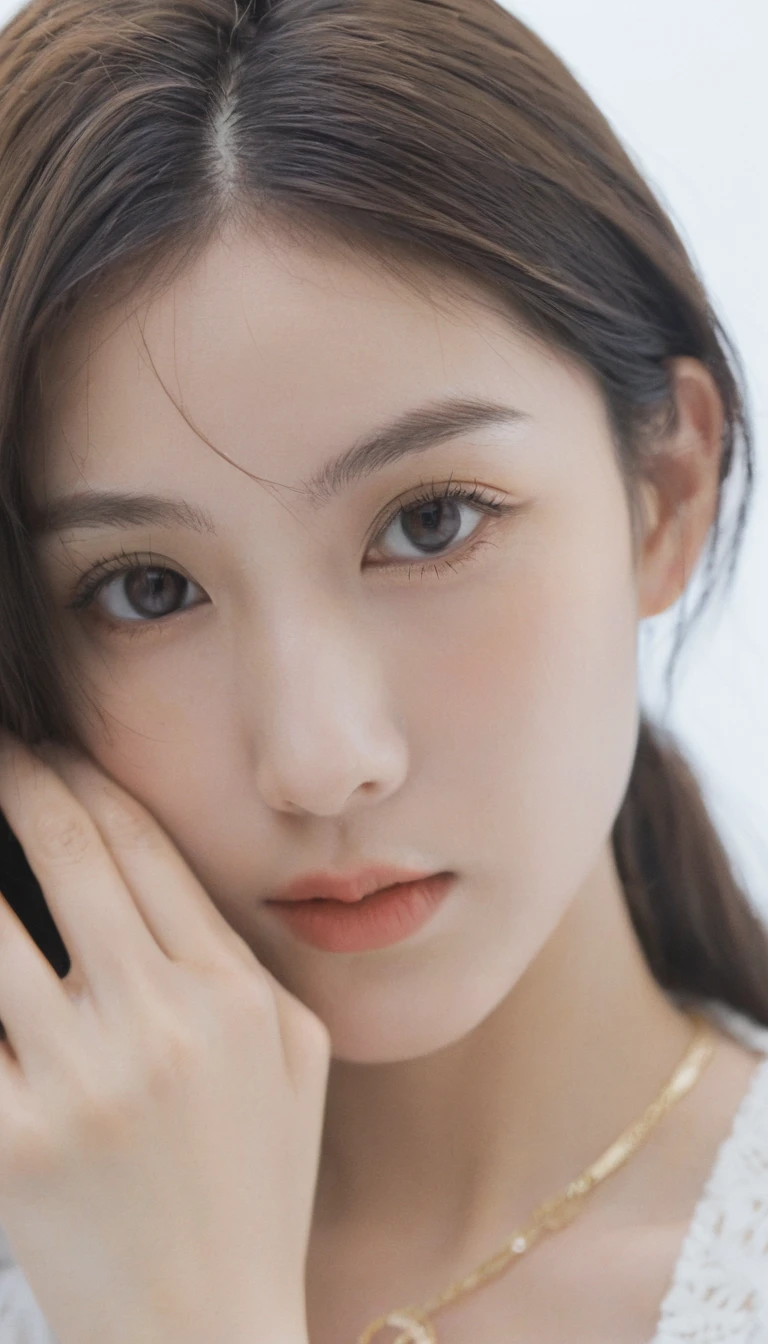 xxmixgirl, Analog Style, Eye focus, Highest quality, (Very detailed skin), Exquisitely beautiful white skin photos, 21 years old, Upper Body、Perfect Face, Captivating eyes, (Seductive makeup: 1.3), Skin pores, (Bokeh:1.5), Sharp focus, Dappled Lighting, (Backlight), Film Grain, (Very detailed, Exquisitely crafted), 8K, High resolution, Front view, Studio Light, Very detailed顔, Fine grain, (double eyelid: 1.4), Aristogle, Brown eyes, (commercial: 1.6), (Seductive makeup), ((White studio background: 2))