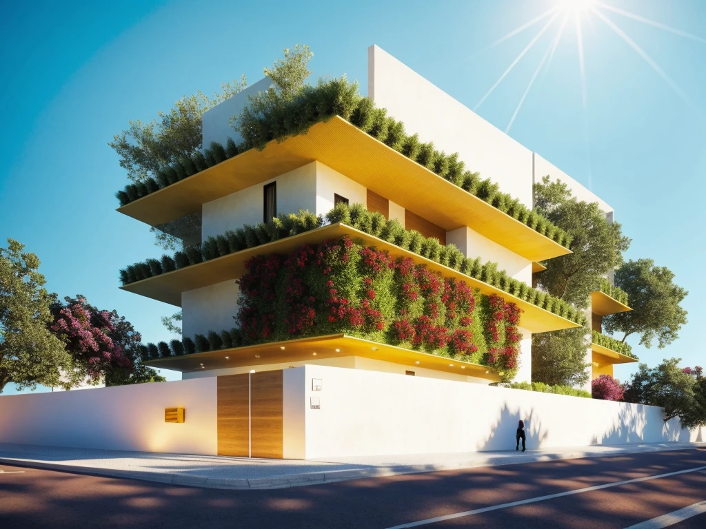The house, The town house is made from white walls, beautyful light, beautyfulday, sunny, Many red bougainvilleas along the road:1.3, lovely youthful feeling :1.2, sunlight at 12 noon, Very beautiful shadows