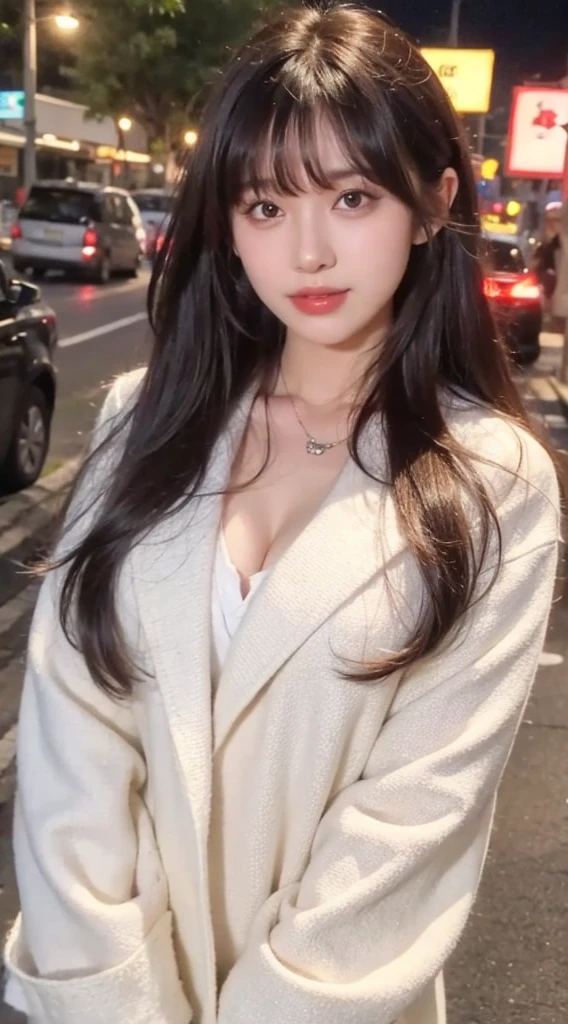 Wearing a white coat, She has black hair，With bangs, Fluffy bangs, in a street at night，face to the viewer，The body faces the audience，close your mouth and smile，mediuml breasts，with a round face，a 23 year old girl，Wear for autumn