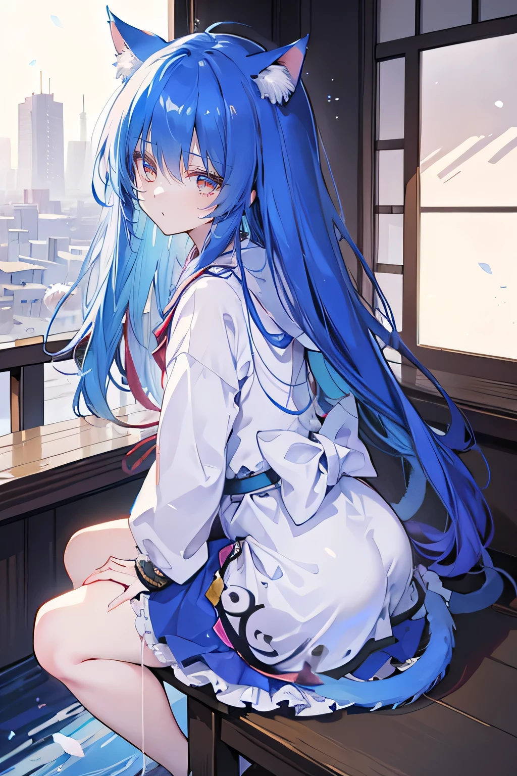 (masterpiece:1.2),Super detailed,lifelike,Expressive eyes,fair skin,perfect face shape,1 girl,
Japanese comics,Gorgeous blue hair,flowing blue hair,flowing clothes,Cat ears,Petals fall,beautiful lola,Baby Angel,
Cross your legs,Gentle and peaceful background,The pavilion is cool and comfortable,smile, wearing hoodie, background of tokyo,back views,snowing, winter.