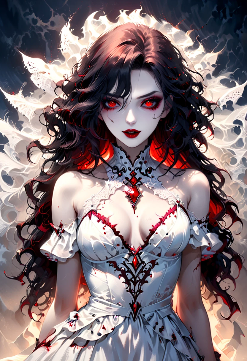 Arafed, dark fantasy art, goth art, a beautiful female vampire wearing a white evening dress stained with blood, an extremely beautiful female vampire, ultra detailed face, black hair, long hair, wavy hair, dark glamour make up, pale skin, red lips, glowing red eyes, visible vampiric fangs, she wears a ((white evening dress: 1.5)), elegant, intricate detailed dress, silk dress, small cleavage, ((dress is decorated with gems: 1.4)), she wears elegant knee high heeled boots, exquisite knee high heeled boots, (there are stains of blood on the upper part of the dress: 1.2), Bloodborne