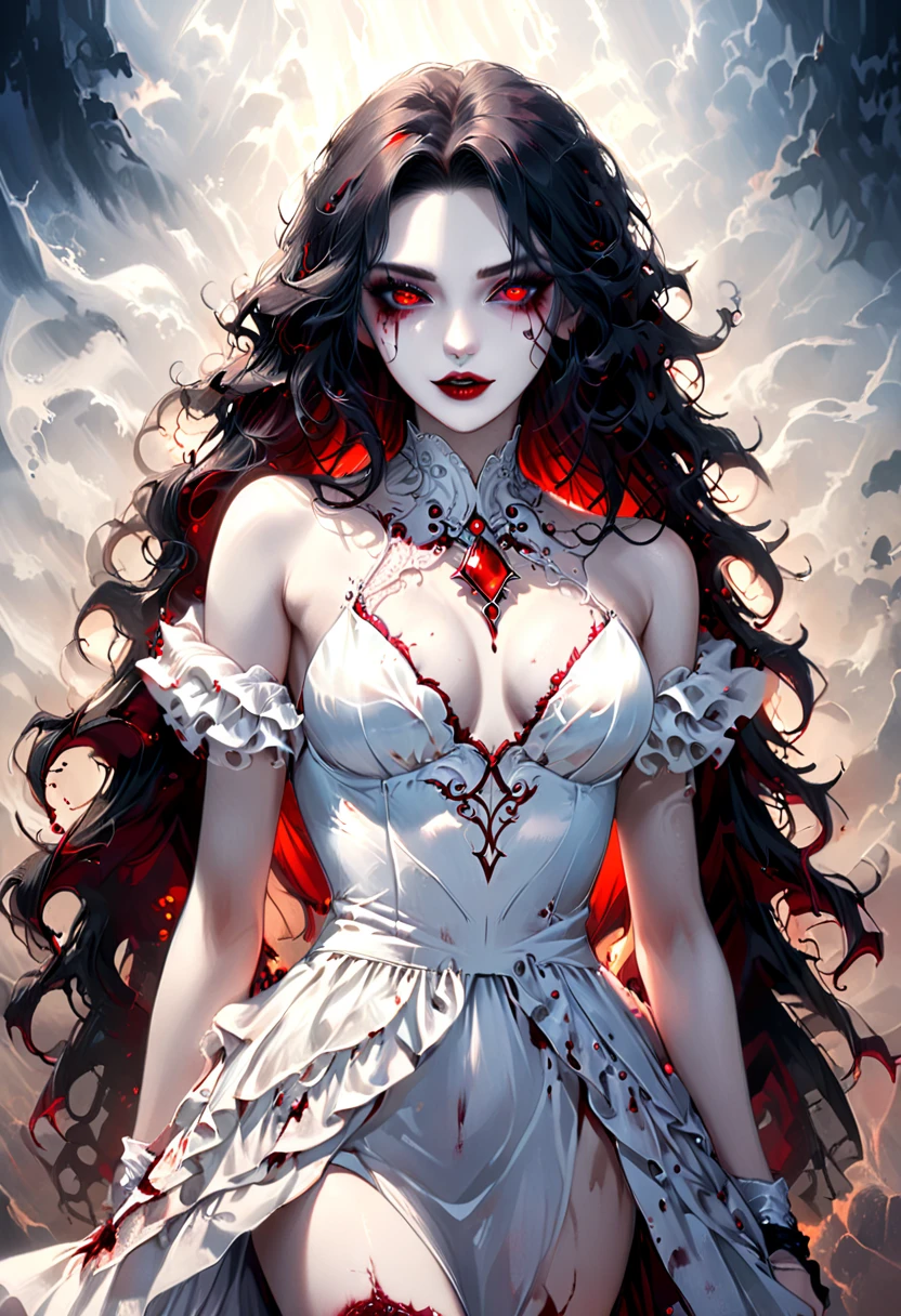 Arafed, dark fantasy art, goth art, a beautiful female vampire wearing a white evening dress stained with blood, an extremely beautiful female vampire, ultra detailed face, black hair, long hair, wavy hair, dark glamour make up, pale skin, red lips, glowing red eyes, visible vampiric fangs, she wears a ((white evening dress: 1.5)), elegant, intricate detailed dress, silk dress, small cleavage, ((dress is decorated with gems: 1.4)), she wears elegant knee high heeled boots, exquisite knee high heeled boots, (there are stains of blood on the upper part of the dress: 1.2), Bloodborne