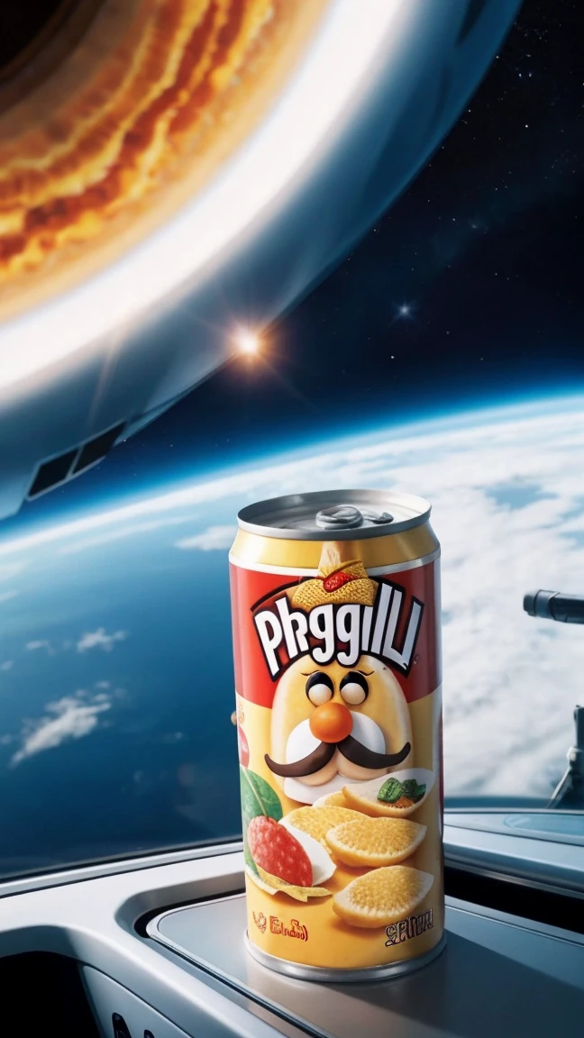 Illustrate a close-up of a Pringles can in a zero-gravity environment inside a spaceship. The can should be open with some Pringles crisps floating out of it. Add subtle details like floating objects and a spaceship interior to create an authentic space atmosphere.