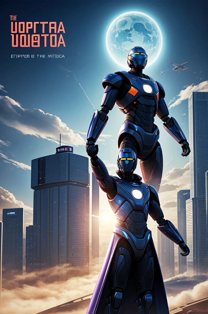 Generate a cover for my utopia, which is about a man, which in the future, wakes up around the year 3024. Everything is futuristic, there are robots and flying cars for school 6 class level