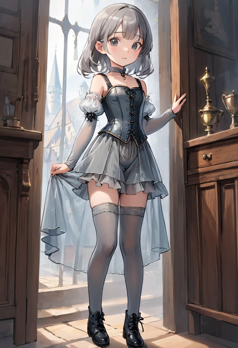 8 year old medieval girl, underwear姿、Translucent knee-length drawers(underwear)Wearing、Wearing a semi-transparent corset、Translucent slip, Grey translucent tights