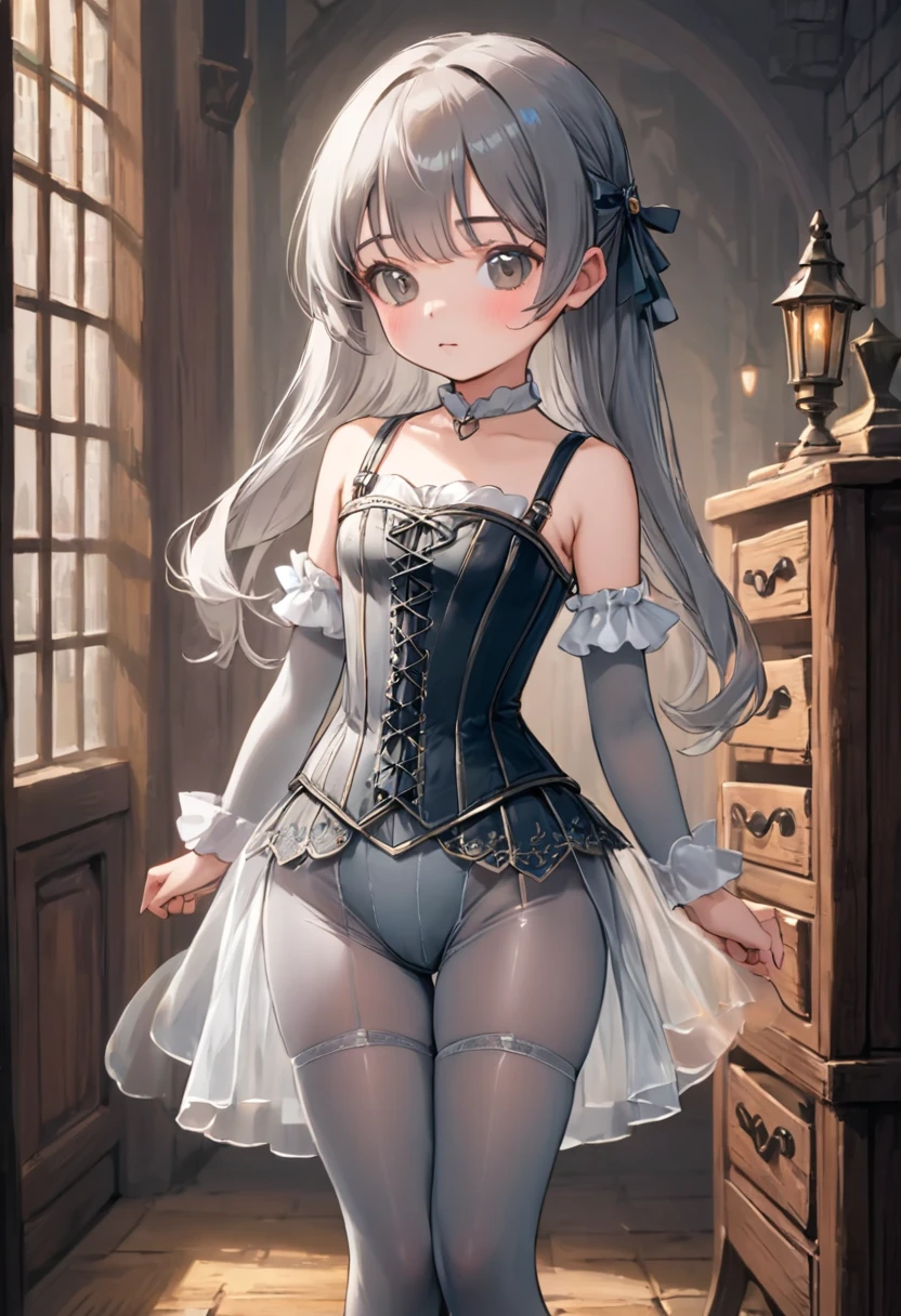 8 year old medieval girl, underwear姿、Translucent knee-length drawers（underwear）Wearing、Wearing a semi-transparent corset、Translucent slip, Grey translucent tights