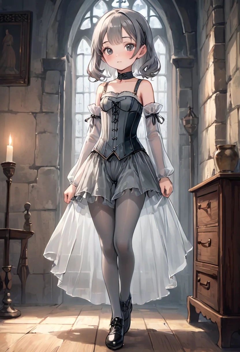 8  medieval girl, underwear姿、Translucent knee-length drawers（underwear）Wearing、Wearing a semi-transparent corset、Translucent slip, Grey translucent tights