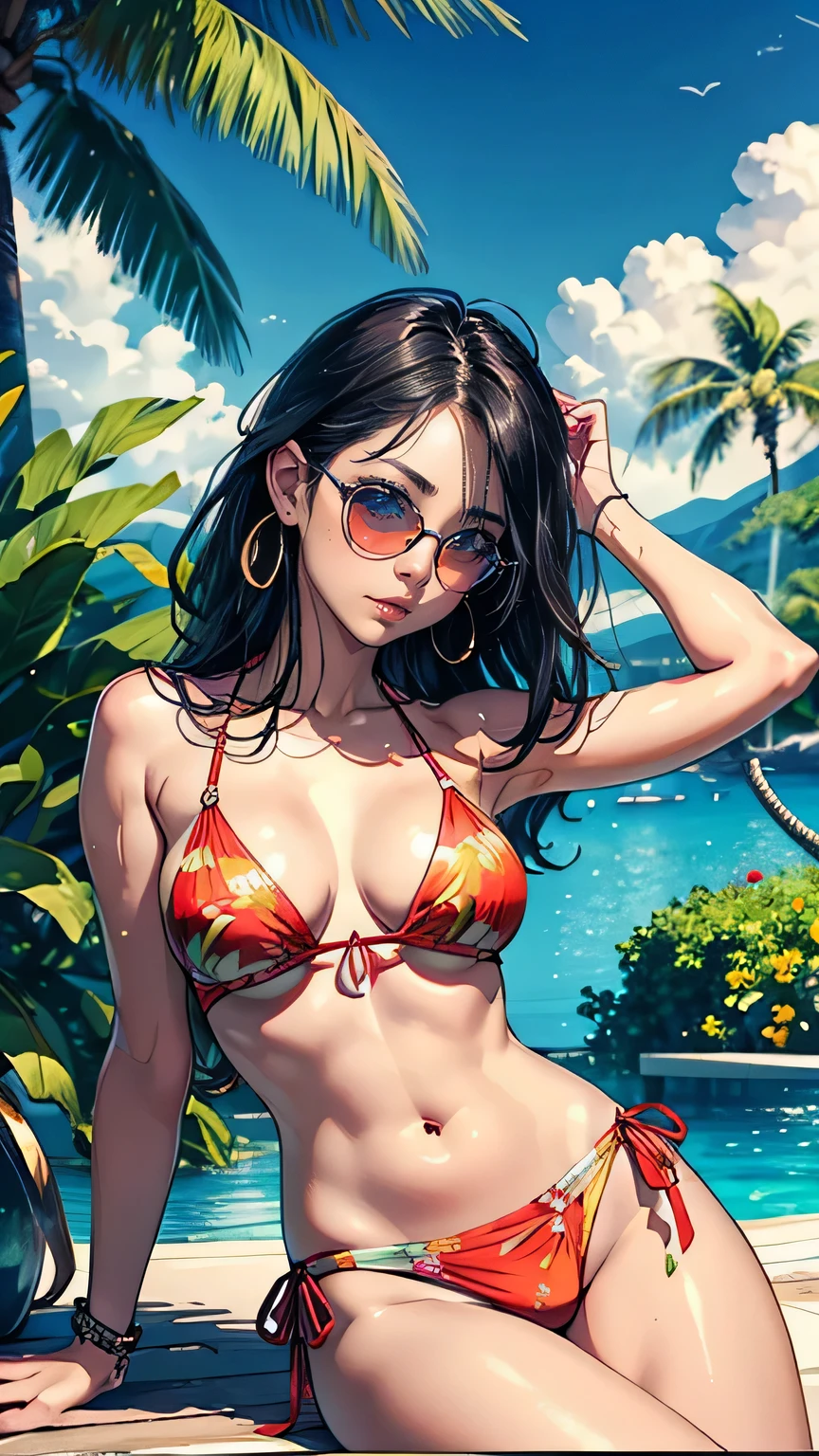 (Highest quality,4K,8K,High resolution,masterpiece:1.2),Very detailed,(Realistic,photoRealistic,photo-Realistic:1.37),fruit juice,woman,drinking,Poolside,summer,Resort hotels,Floral Dress,Luxurious atmosphere,Extreme heat, Vibrant colors,refresh,relaxation,Elegance without pretense,sunlight,Luxury Pool,Realistic details,Crystal clear water,chic,fashionable,Stylish sunglasses,leisure,leisurely,Vibrant atmosphere,Blissful expression,fun,Timeless beauty,Calm,quiet,Charmな,Charm,Beautiful environment,Tropical paradise,Exotic atmosphere,nature,Exquisite flowers,Palm tree,Warm wind,Tranquility,Harmony,Perfectly manicured gardens,Charmな,sophistication,Calm atmosphere,endless summer,wonderful,growing up,fun思い出,Memorable moments,luxury,joy,sophisticationれた,taste of summer,Seamless blending,relaxing getaway.