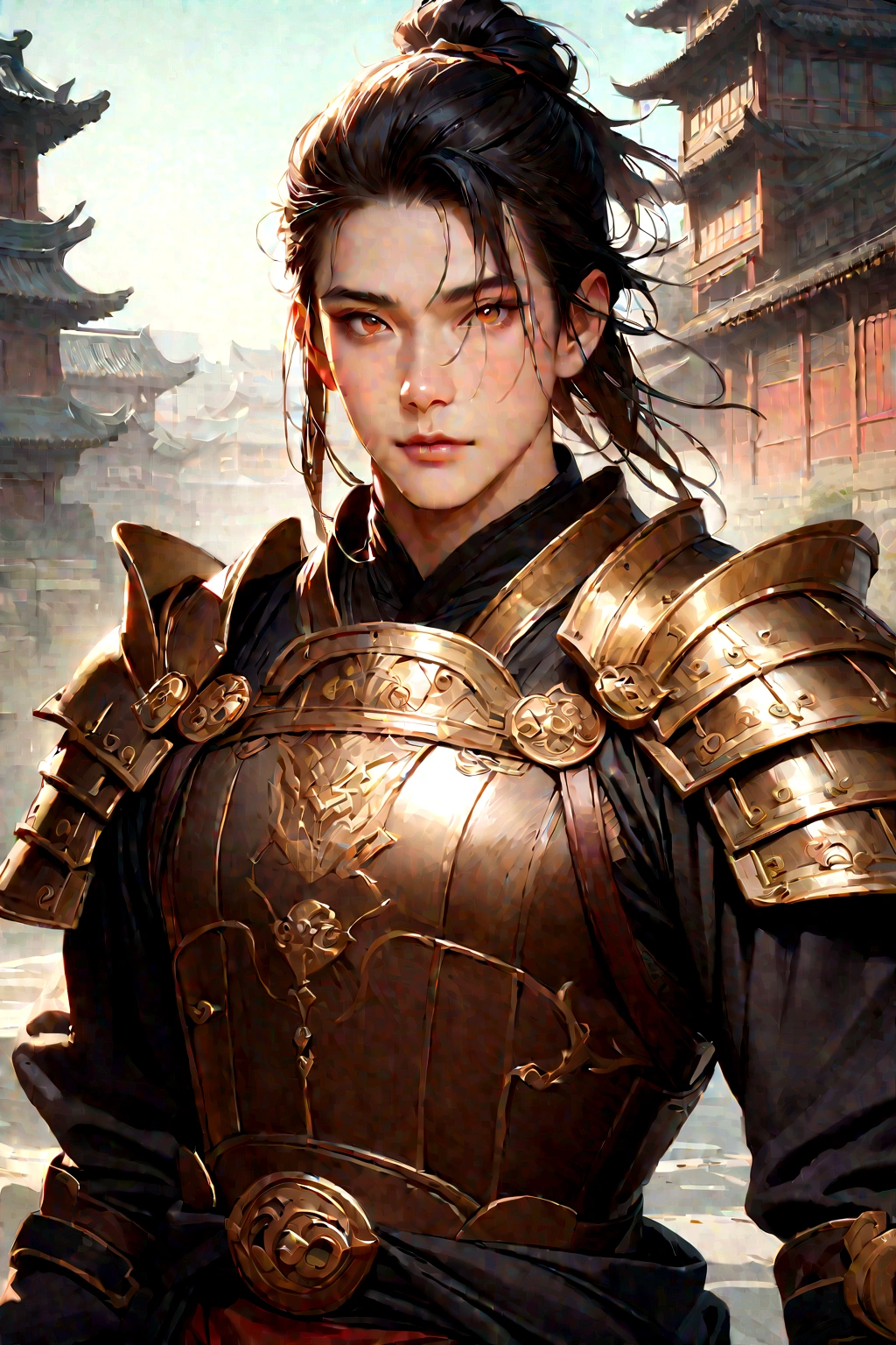 25 year old Chinese man,middle aged man,realistic,chinese_Armor,alone,Background of ancient chinese cities,detailed_eye,shoulder_Armor,(검은 eye),looking at viewer,(masterpiece:1.2), (best quality:1.2), perfect eye, perfect face, perfect lighting, (8K),(complete anatomy), Nee Shot