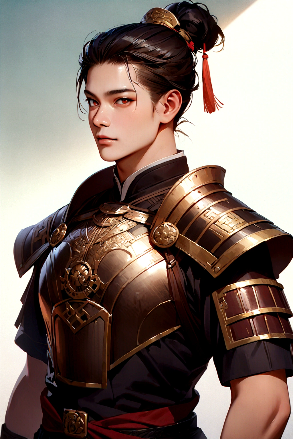 25 year old Chinese man,middle aged man,realistic,chinese_Armor,alone,Background of ancient chinese cities,detailed_eye,shoulder_Armor,(검은 eye),looking at viewer,(masterpiece:1.2), (best quality:1.2), perfect eye, perfect face, perfect lighting, (8K),(complete anatomy), Nee Shot