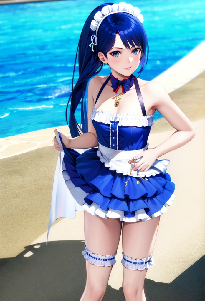 lobelia, 1girl, maid outfit, beach, pool, look at the view, high quality, masterpiece 