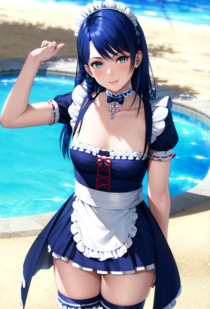 lobelia, 1girl, maid outfit, beach, pool, look at the view, high quality, masterpiece 