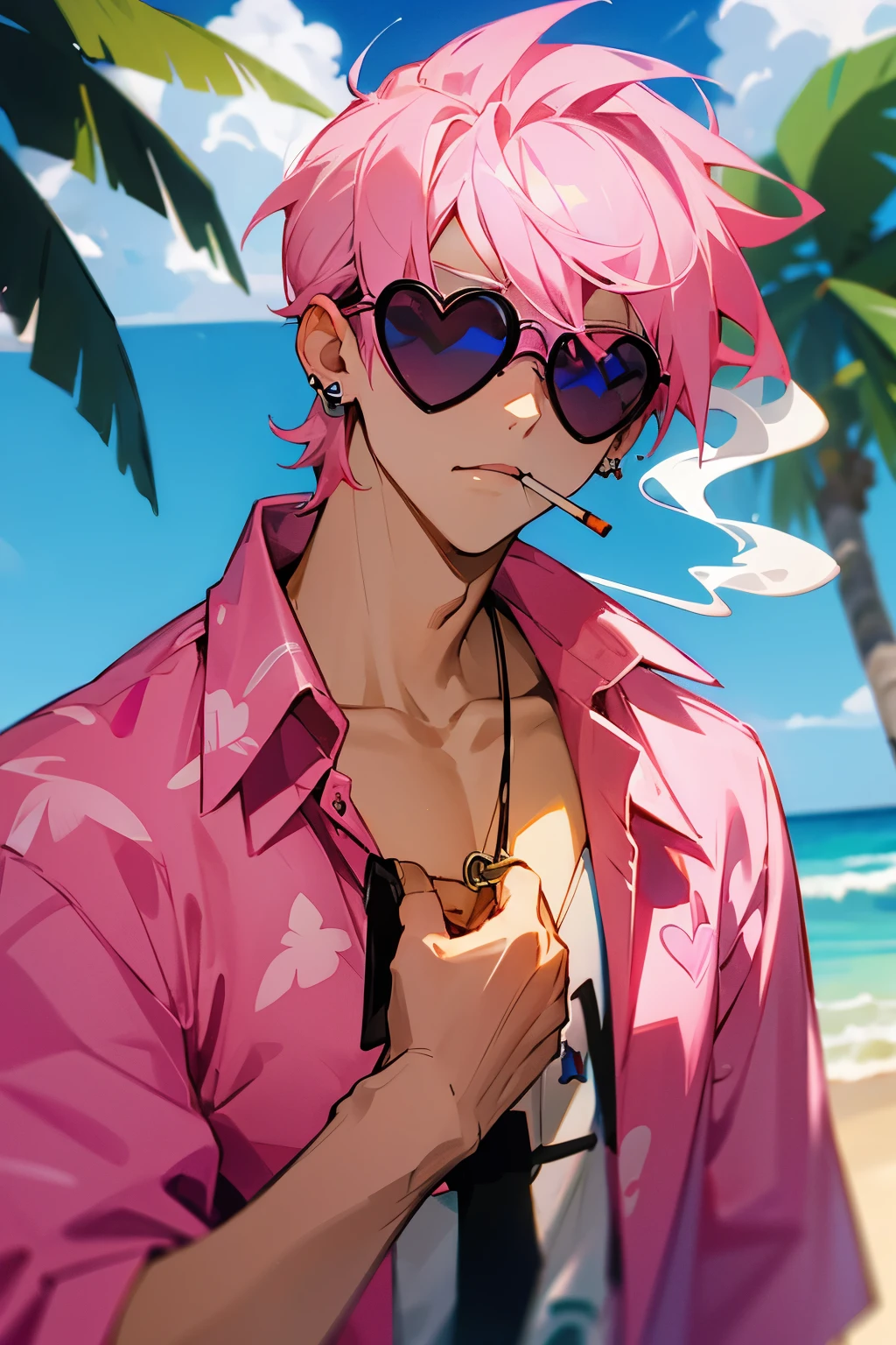 absurdres, highres, ultra detailed, HDR, master piece, best quality, Ryoumen Sukuna, pink hair, expressive red eyes, Jujutsu Kaisen, solo, sexy man, handsome, horny, lewd, black hat, fantasy black pirate clothes, accessories, showing the chest, beach, sea, petals, flowers