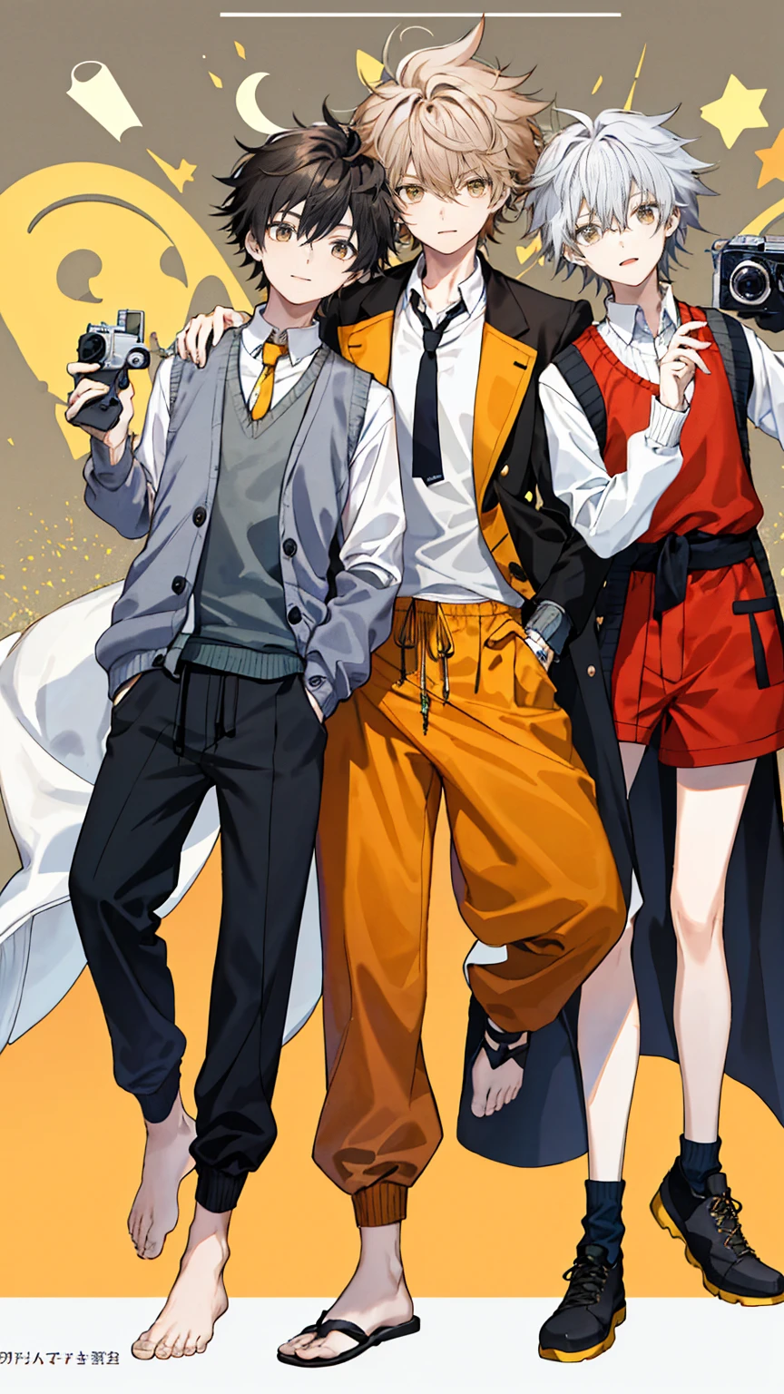 1 boy, 20 years old, flipped hair, messy hair, full body, front view, have a camera, amber hair, palazzo pants, midi coat, raise right leg, sweater vest,