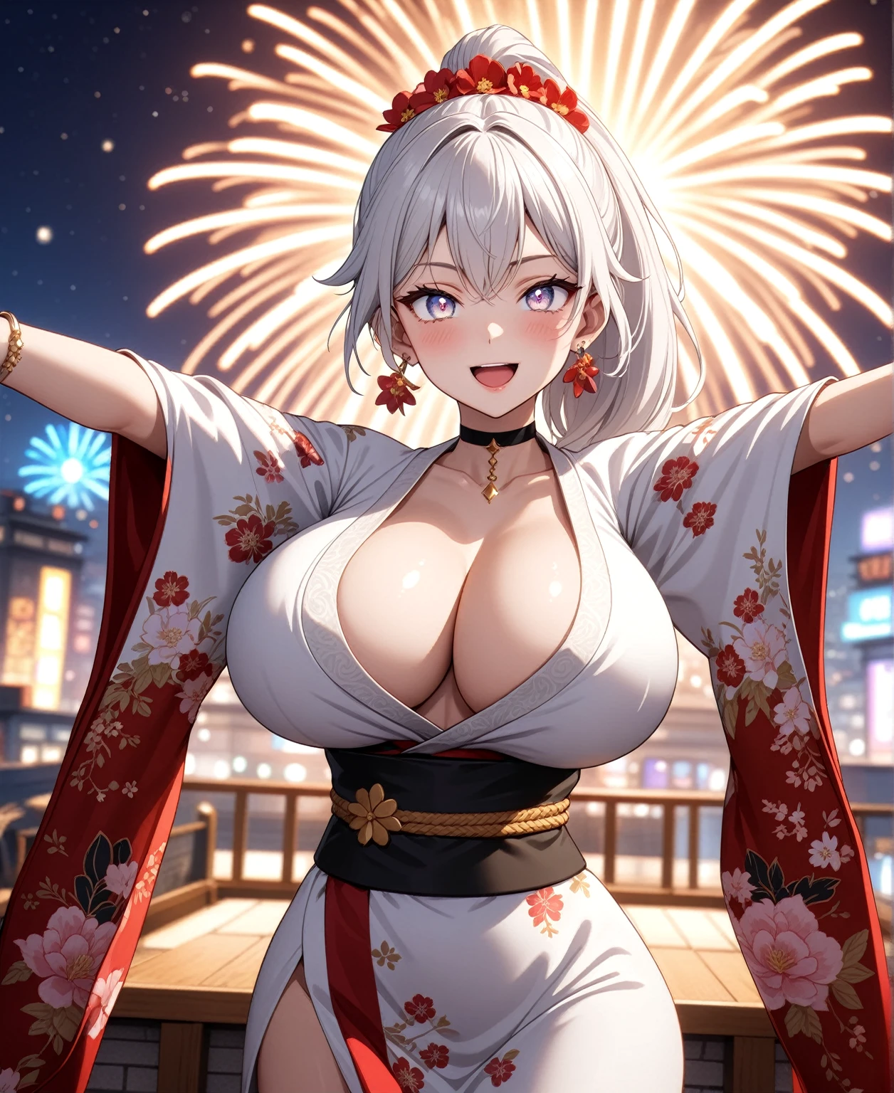 ((One personの女性)), Beautiful Face,Laughing embarrassedly,((Wink:2.0)),Laugh with your mouth wide open, ((open arms for viewer:2.1)),((Bright red cheeks:1.4)),Shiny red lips,night,rooftop,Festive decorations,You can see the ocean, firework,Laughing with your mouth open,Glossy pink lips,Lighting on the face,((Anime style background)),masterpiece, Highest quality, so beautiful,Latest, Complex details, (Pink long nails),(ring),(bracelet),(choker),AI-generated, Complex,High resolution, Highest quality, super high quality,3D Images、3D Images,One person,Long white hair,High Ponytail,(blue eyes),Anime woman posing for a photo, ((Fine grain、Silvery white colorful eyes、Shining Eyes:1.4)),(Squint your eyes:1.1),a hyperRealistic , hyperRealistic , Realistic,Anime woman with long and white hair, Smooth anime CG art, A woman in a colorful kimono with gold embroidery, (Black long sleeve kimono),Red floral pattern,Long flower hair ornament,Big earrings,Mature Body,(Big Breasts:1.1),Tall,Abdominal muscles,Narrow waist,(Zoom in on face:1.6),